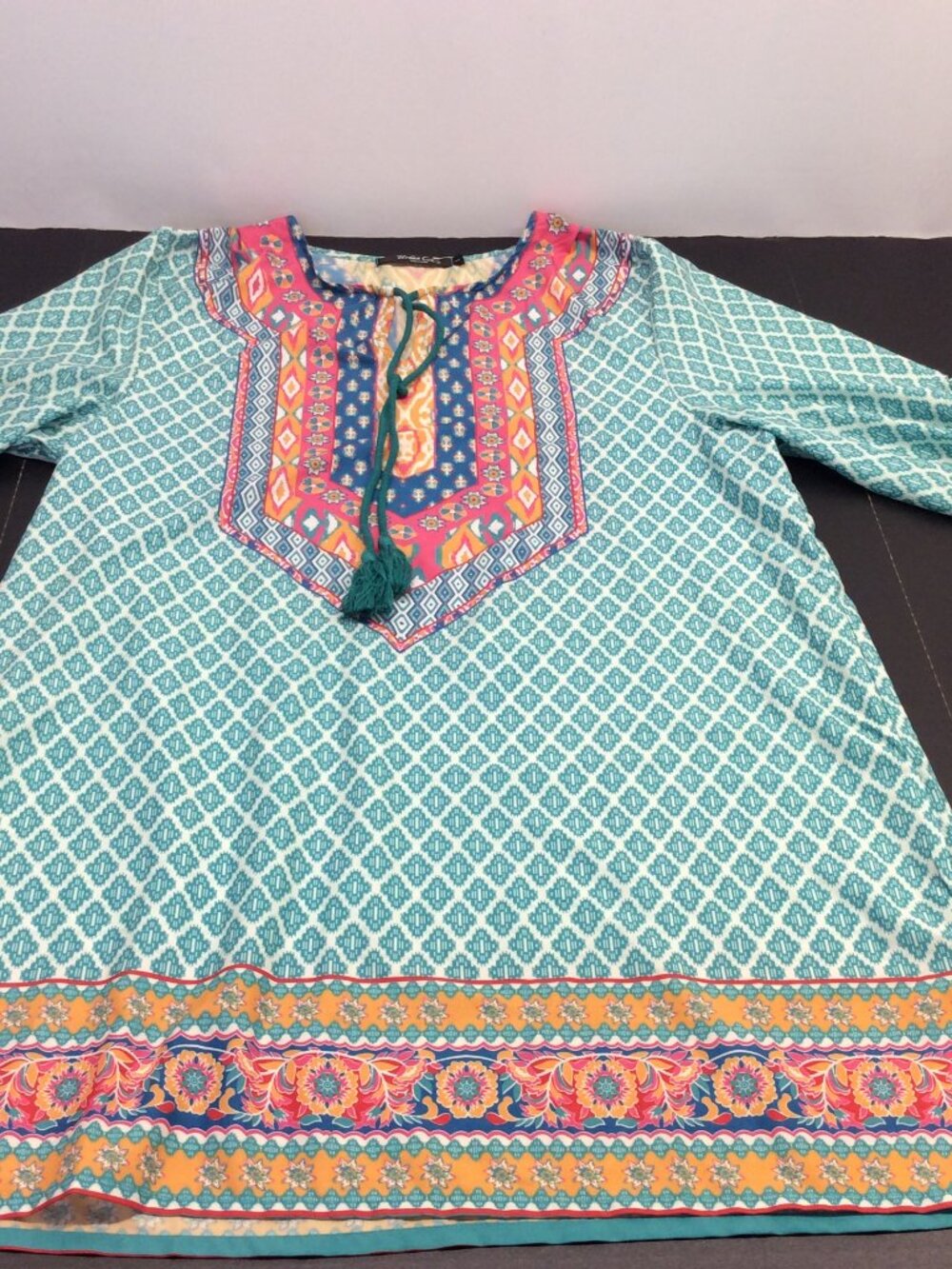 Urban Coco Shirred Ruched 3/4 Sleeve Tie At Neck Tunic Dress Turquoise Sz Large